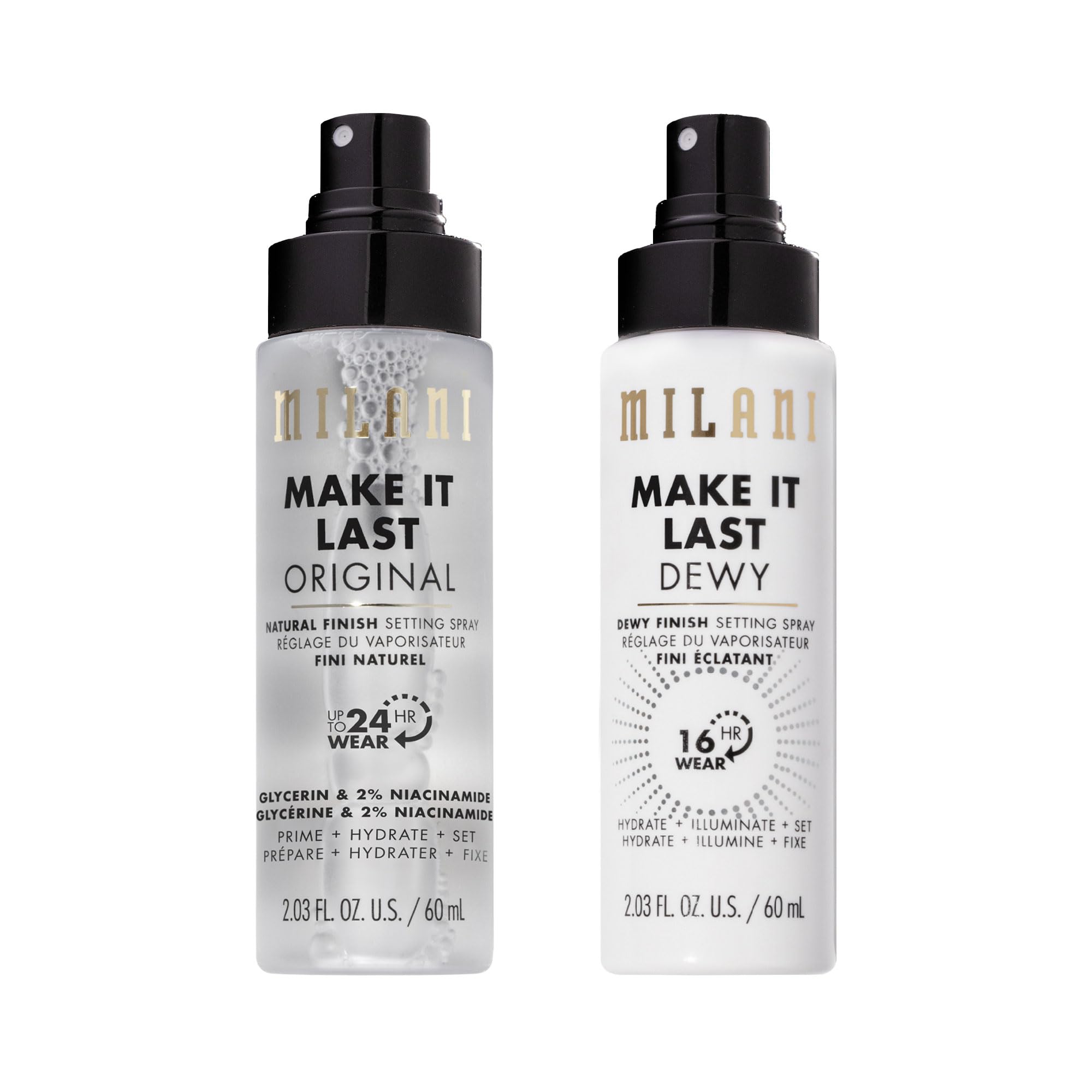 Milani front packaging 2-pack showing both natural and dewy sprays for versatile wear