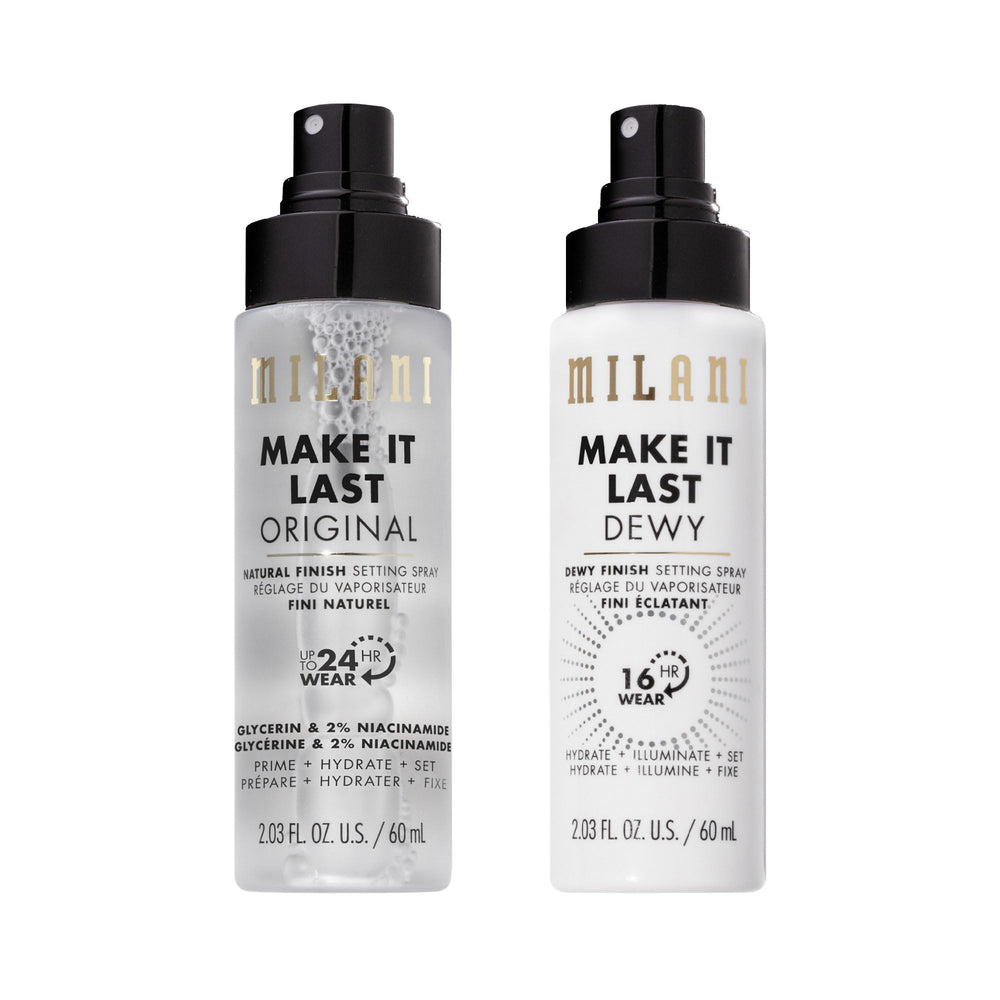 Milani front packaging 2-pack showing both natural and dewy sprays for versatile wear