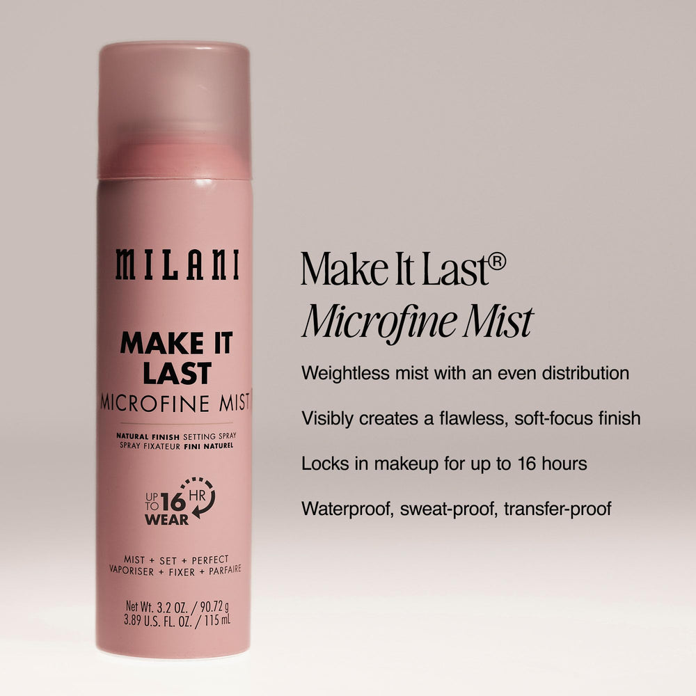 Milani bottle in hand spraying on face for lasting makeup hold