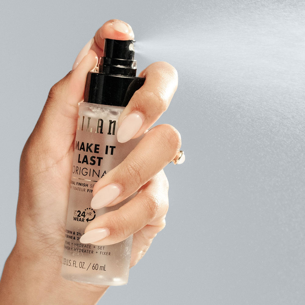 Milani label ingredients panel listing niacinamide and glycerin benefits