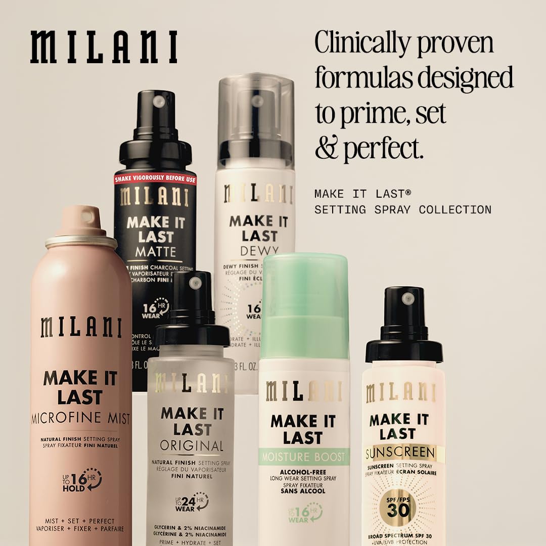 Milani sprays inside a makeup bag showing portability and easy daily touch-ups