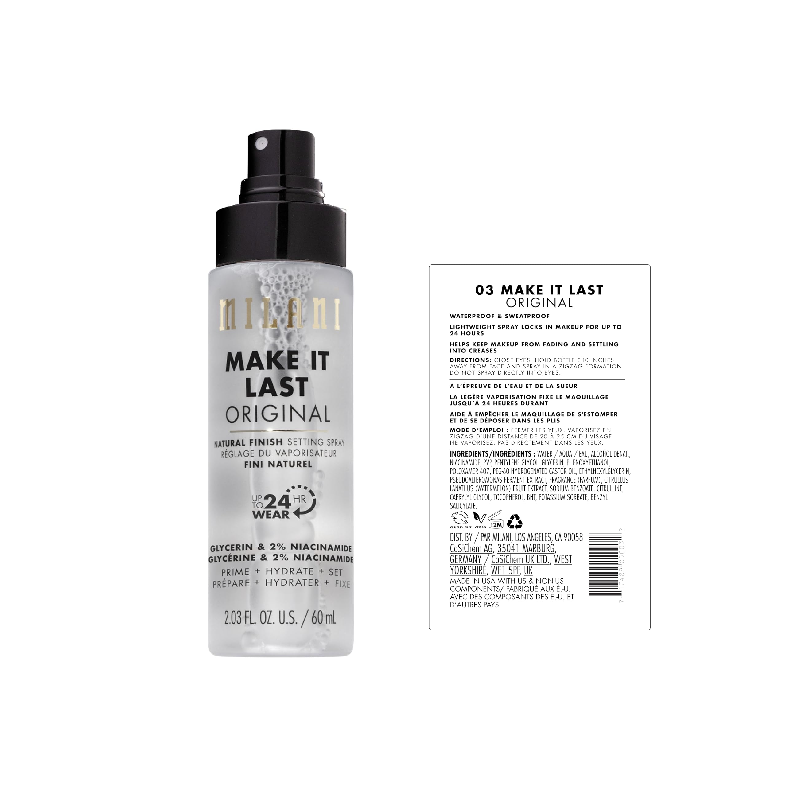 Milani natural spray producing a fine mist to boost radiance and comfortable hydration