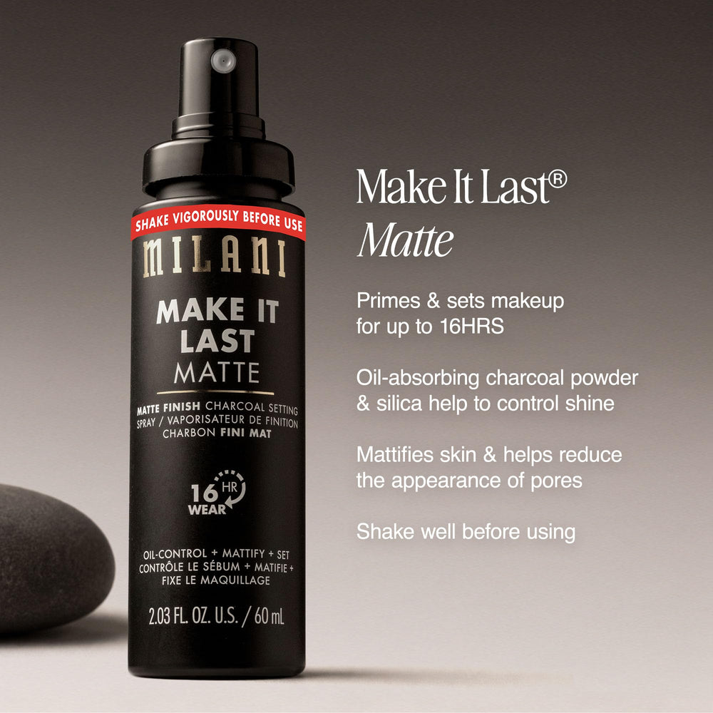 Model using Milani matte spray reducing oil and extending makeup wear during day