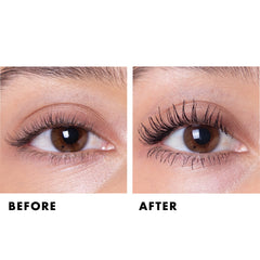 Milani coated wand on lashes showcasing lifted, separated lashes for dramatic length