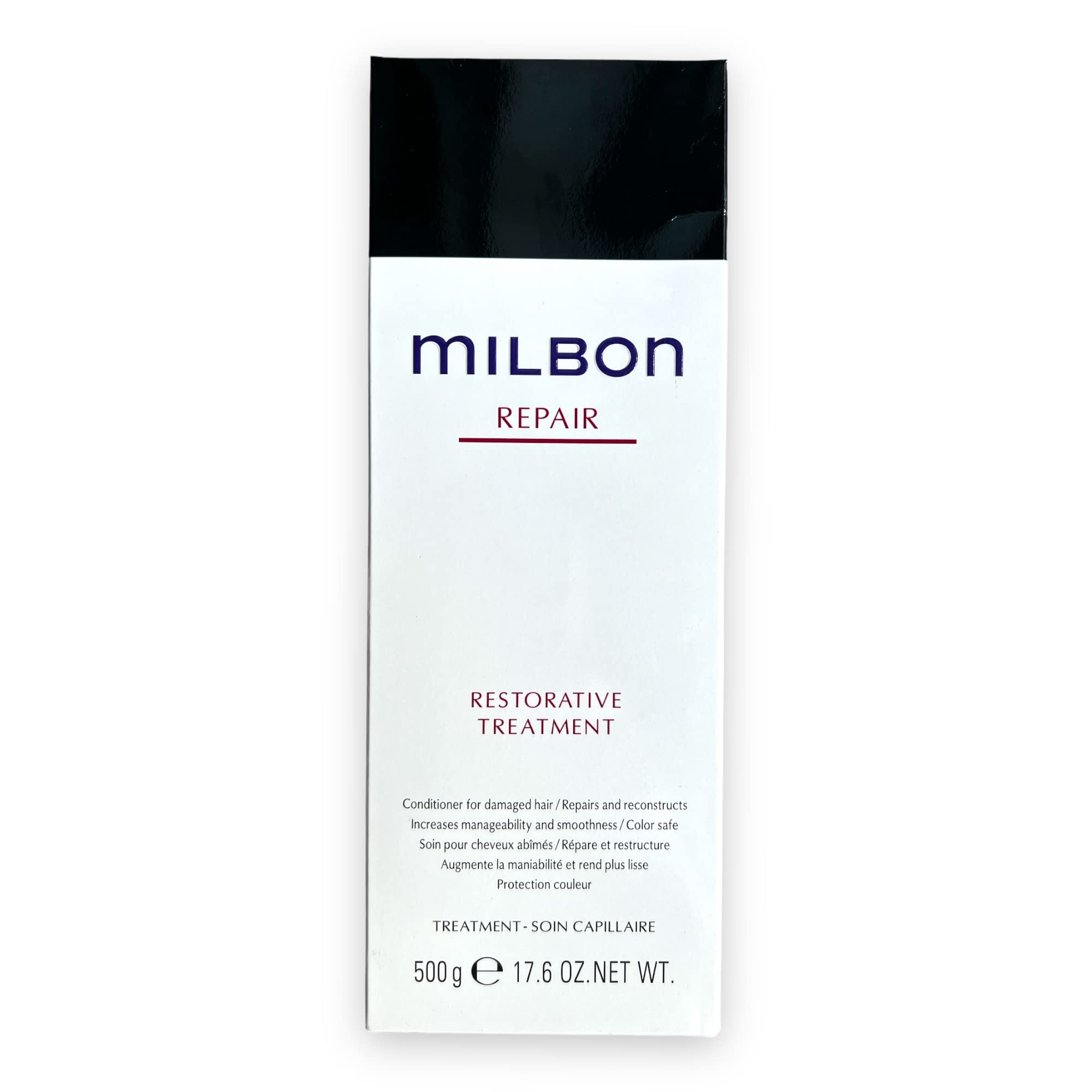Milbon front packaging showing large 17.6 oz bottle and clear repair benefit