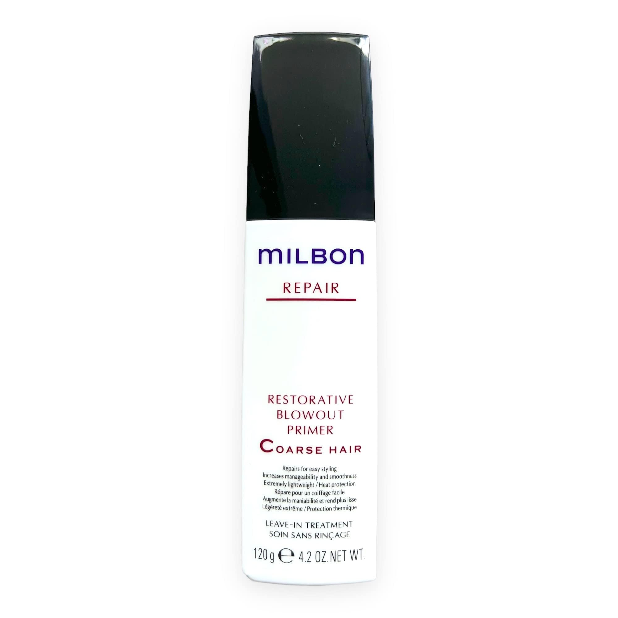 Milbon bottle front view showing label and compact 4.2 oz size, highlighting professional protection
