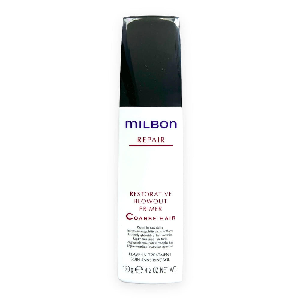 Milbon bottle front view showing label and compact 4.2 oz size, highlighting professional protection