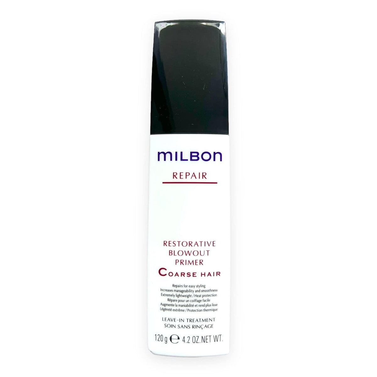 Milbon bottle front view showing label and compact 4.2 oz size, highlighting professional protection
