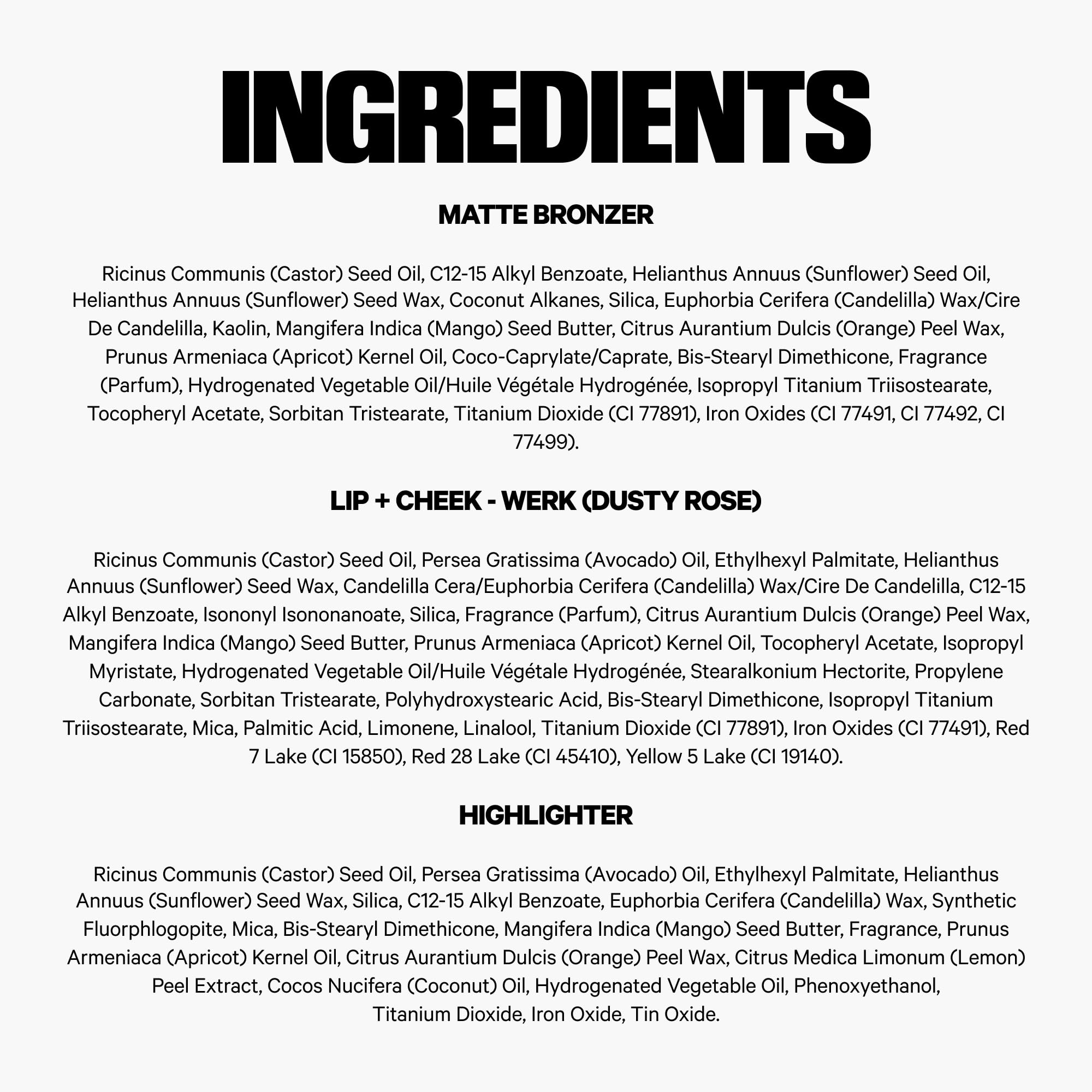 Milk Makeup ingredient label showing Mango Butter and plant oils for nourishing benefit