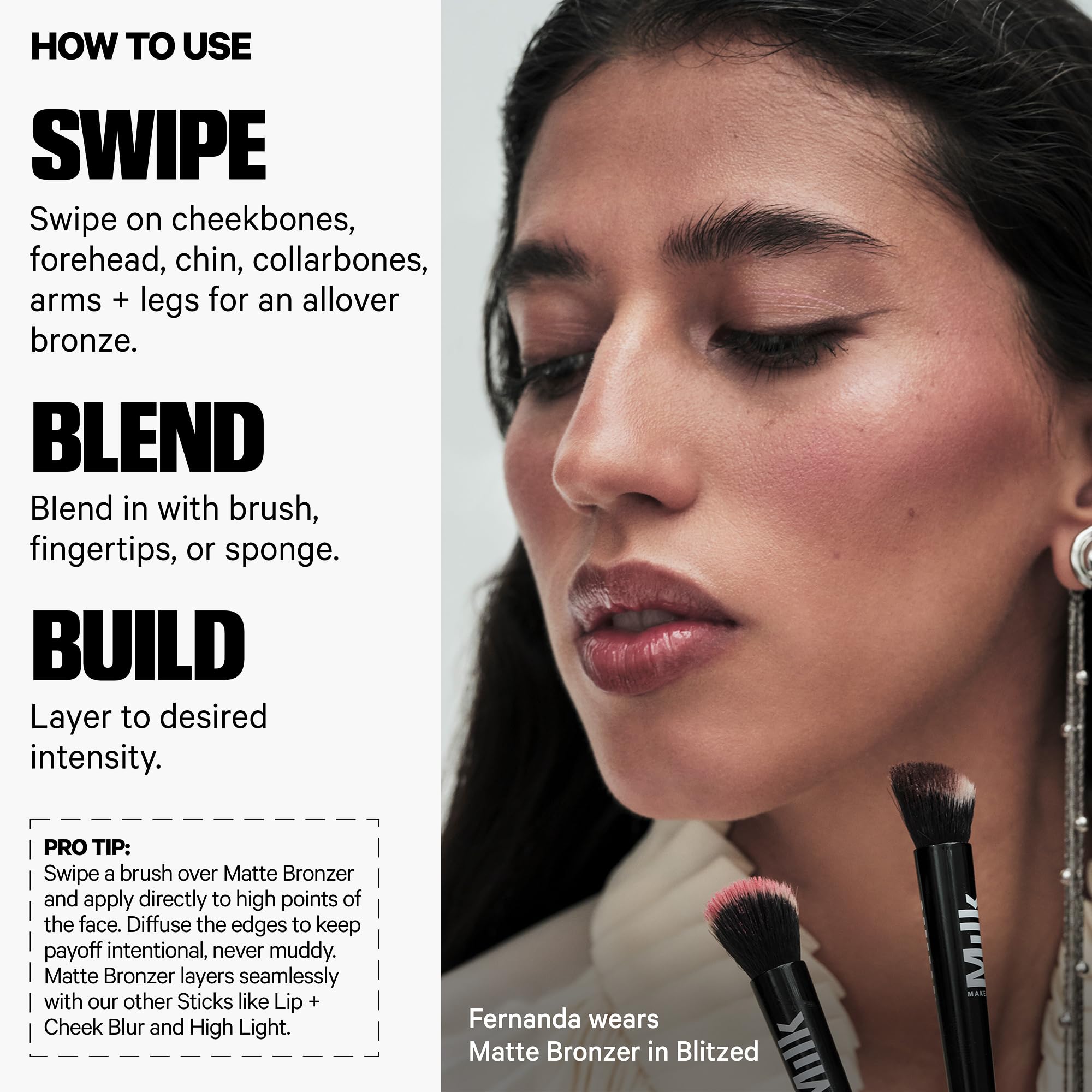 Milk Makeup bronzer gliding on collarbone delivering all-over bronzed radiance