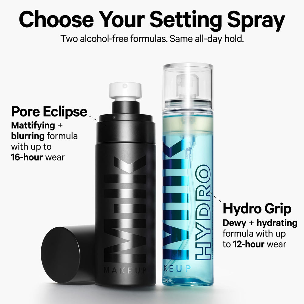 Person spritzing Hydro Grip on commute for on-the-go hydration and setting