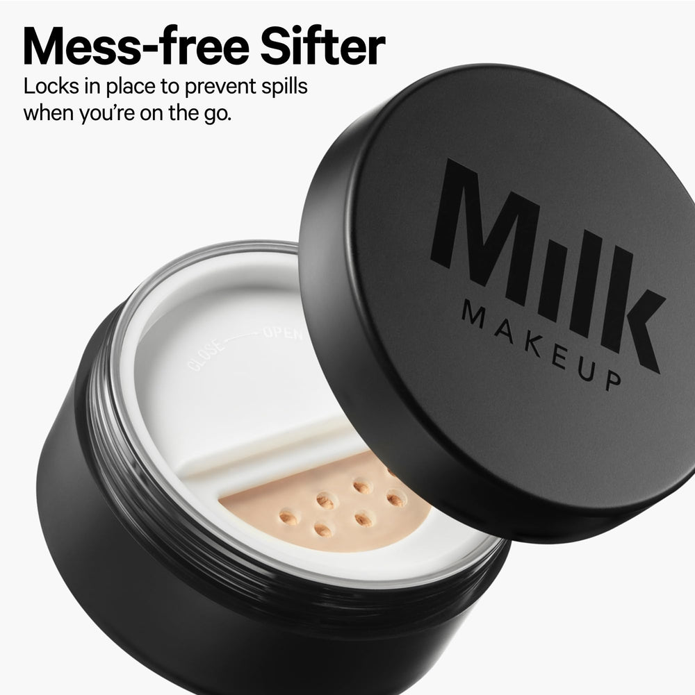 Milk Makeup application with brush demonstrating lightweight finish and precise setting