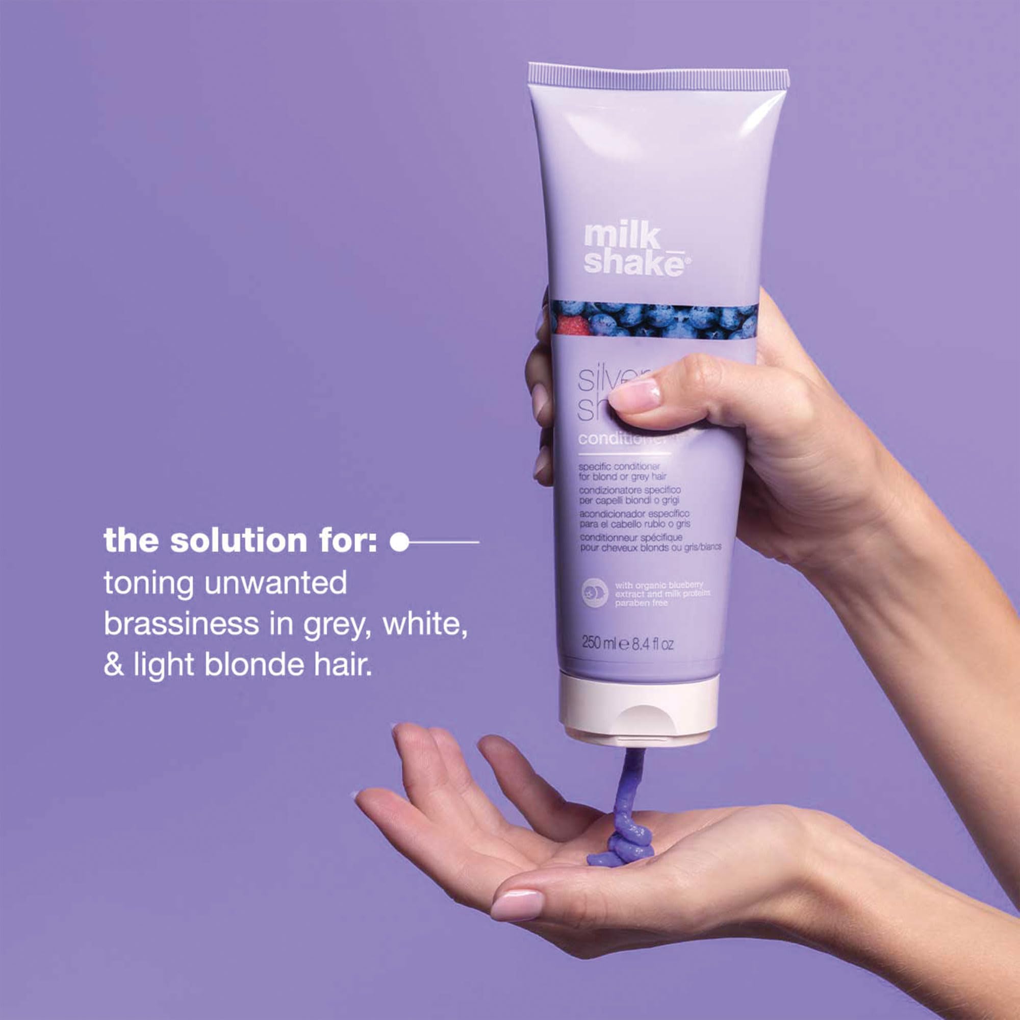milk_shake conditioner applied to wet hair in shower, reduces brassiness and improves slip