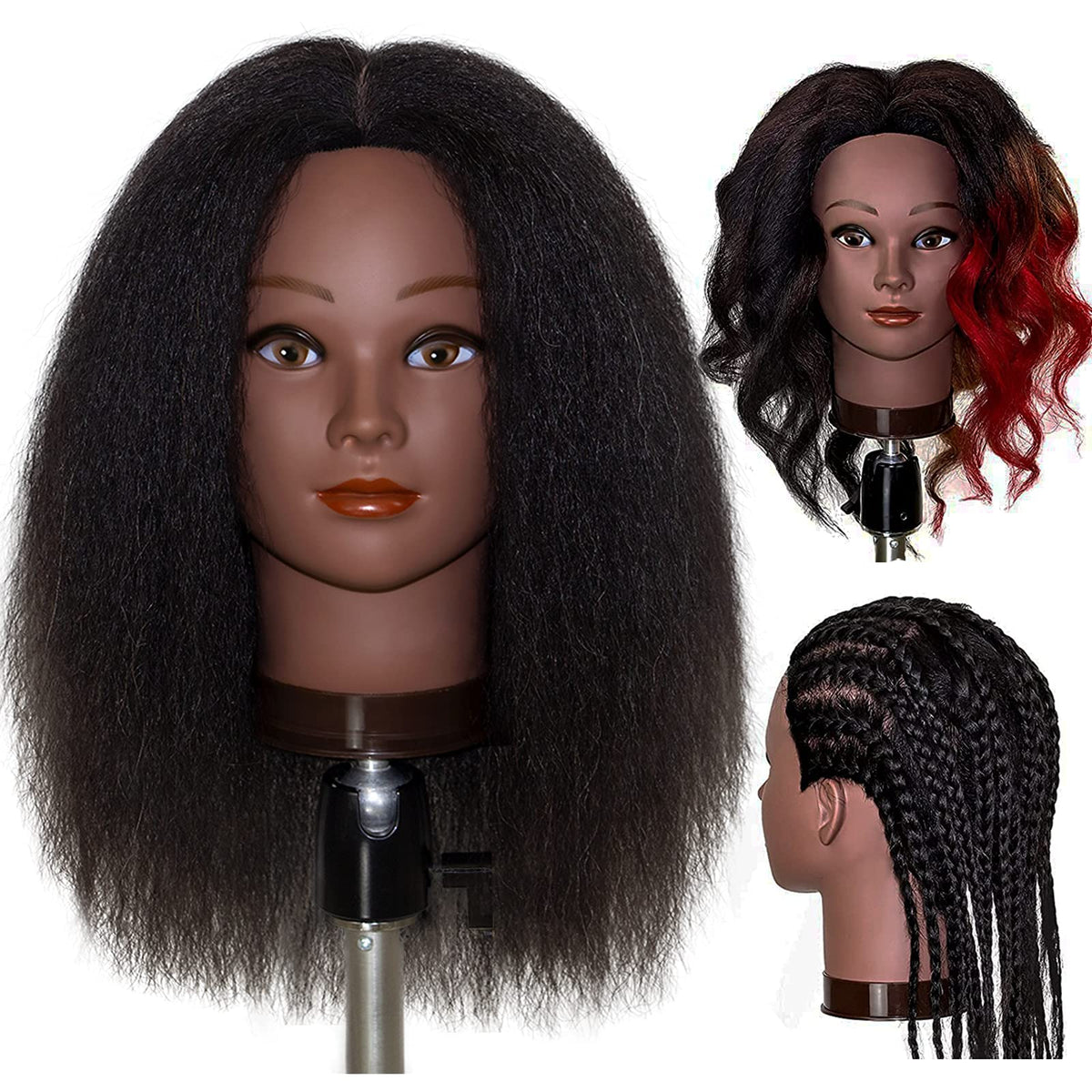 MILLYSHINE front view of mannequin head showing full 16-inch hair and styling benefit