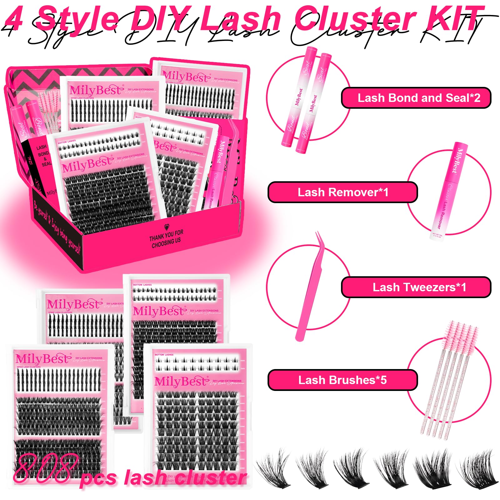 MilyBest close-up of individual lash clusters highlighting soft D-curl fibers