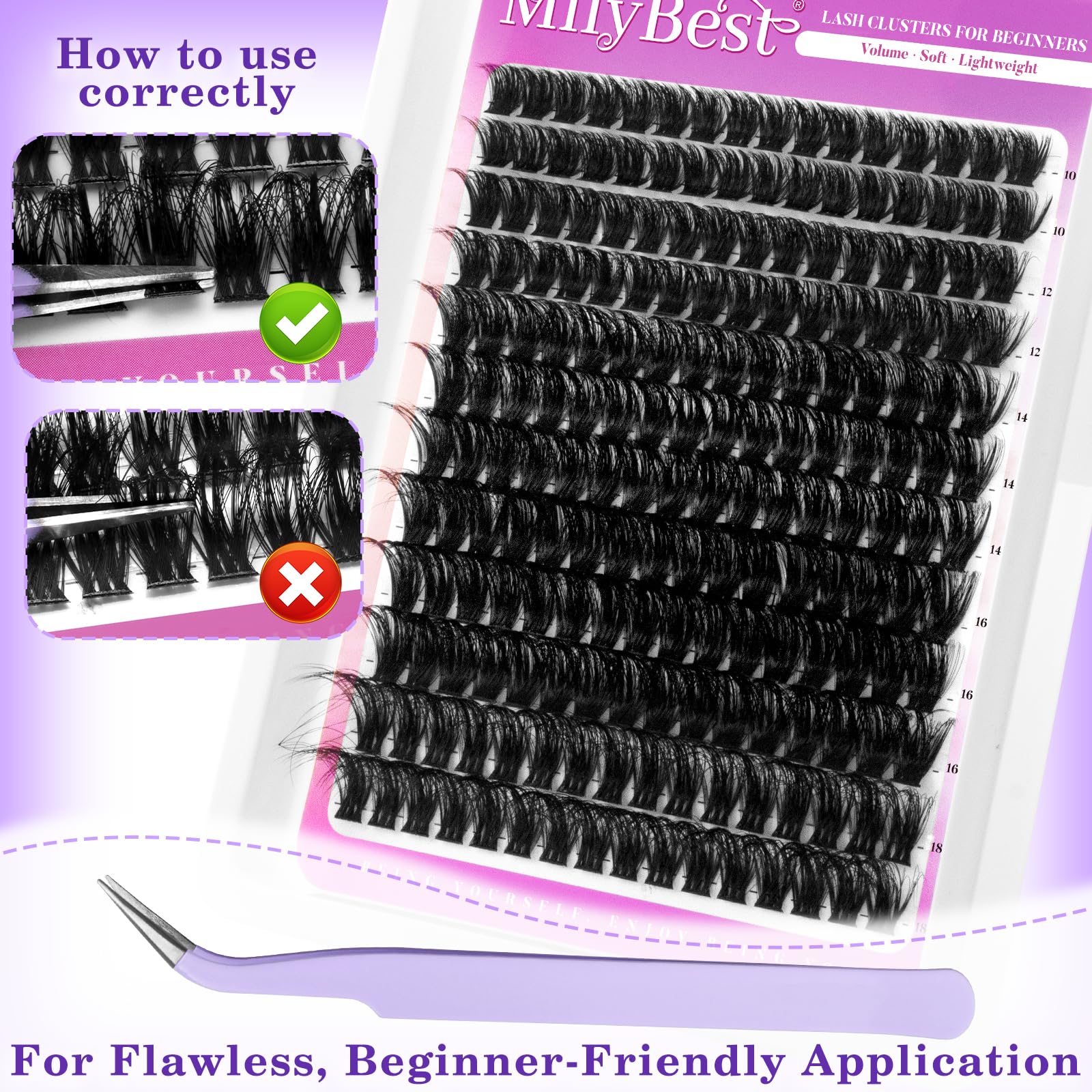 MilyBest tweezers and dual-head brush displayed for precise placement and grooming
