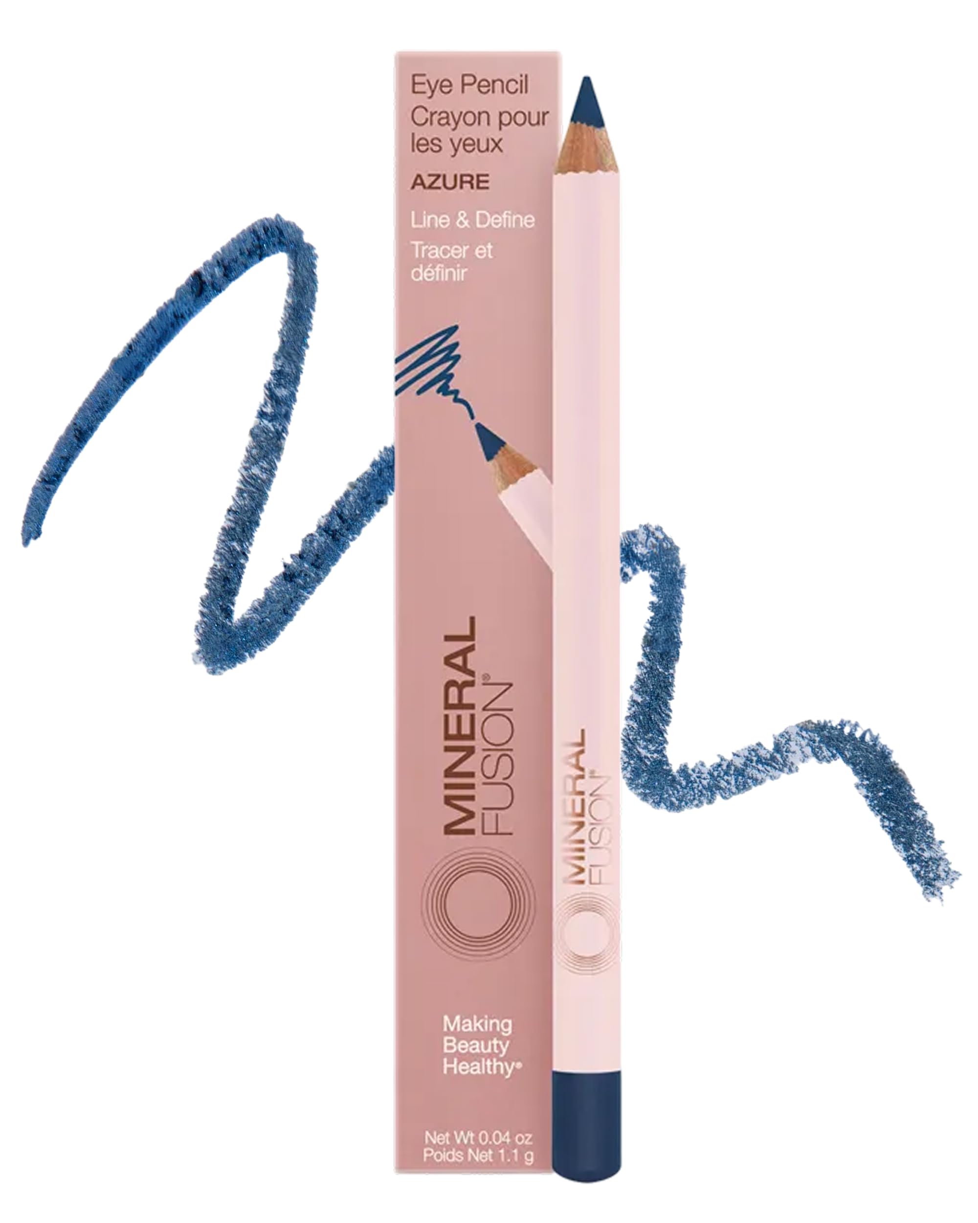 Mineral Fusion eye pencil front packaging in navy blue showing compact design and pigment benefit