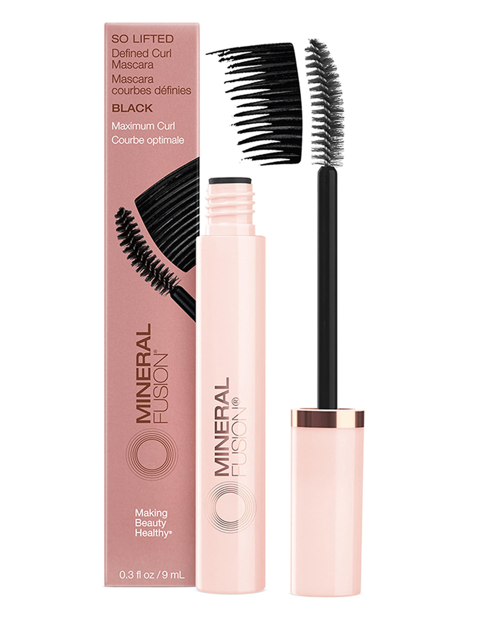 Mineral Fusion mascara front packaging shows sleek tube and black shade benefit lift