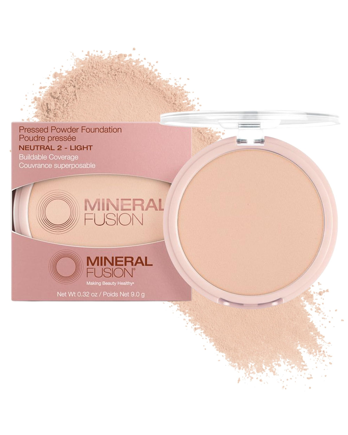 Mineral Fusion compact front view showing neutral 2 shade and travel-ready packaging benefit