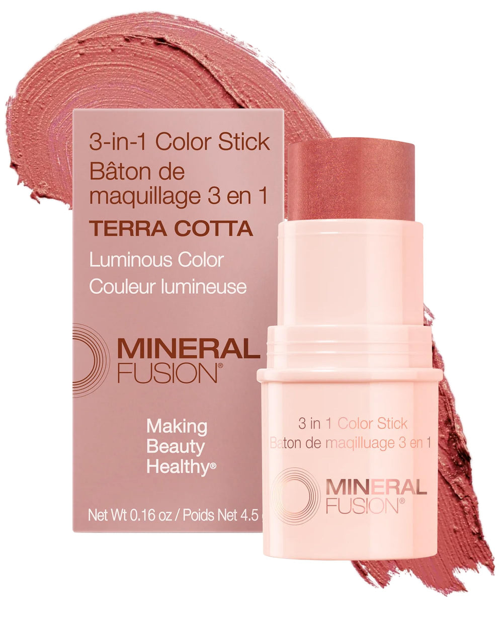 Mineral Fusion front view of Terra Cotta stick showing compact travel-ready design