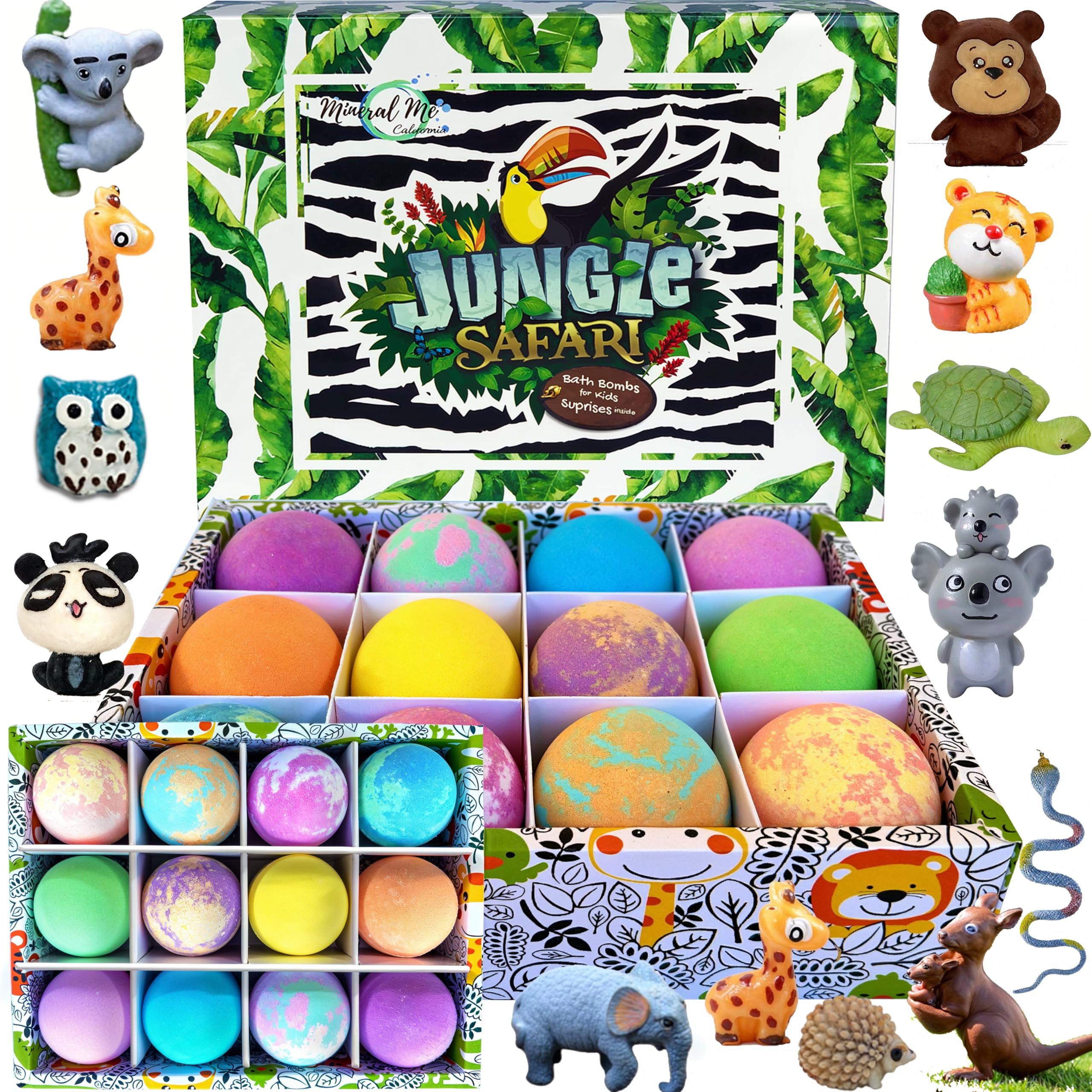 Mineral Me California front packaging showing 12 colorful bath bombs and toys