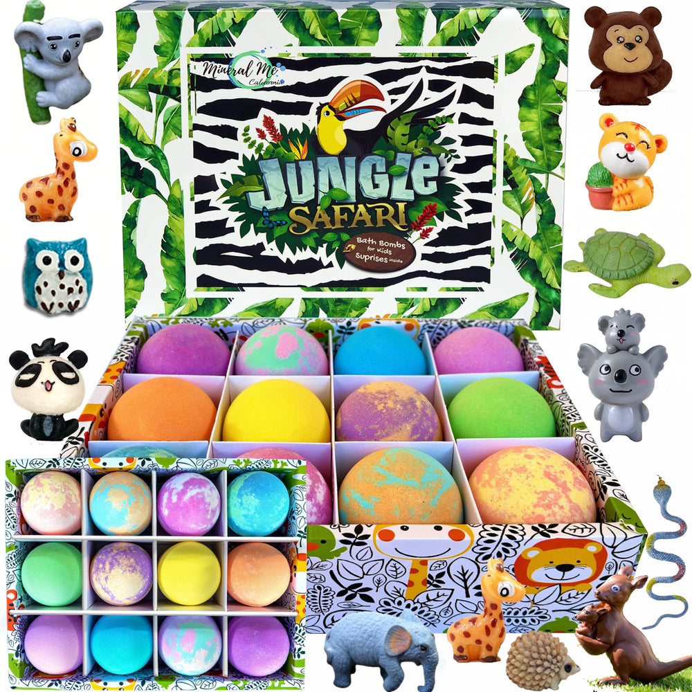 Mineral Me California front packaging showing 12 colorful bath bombs and toys