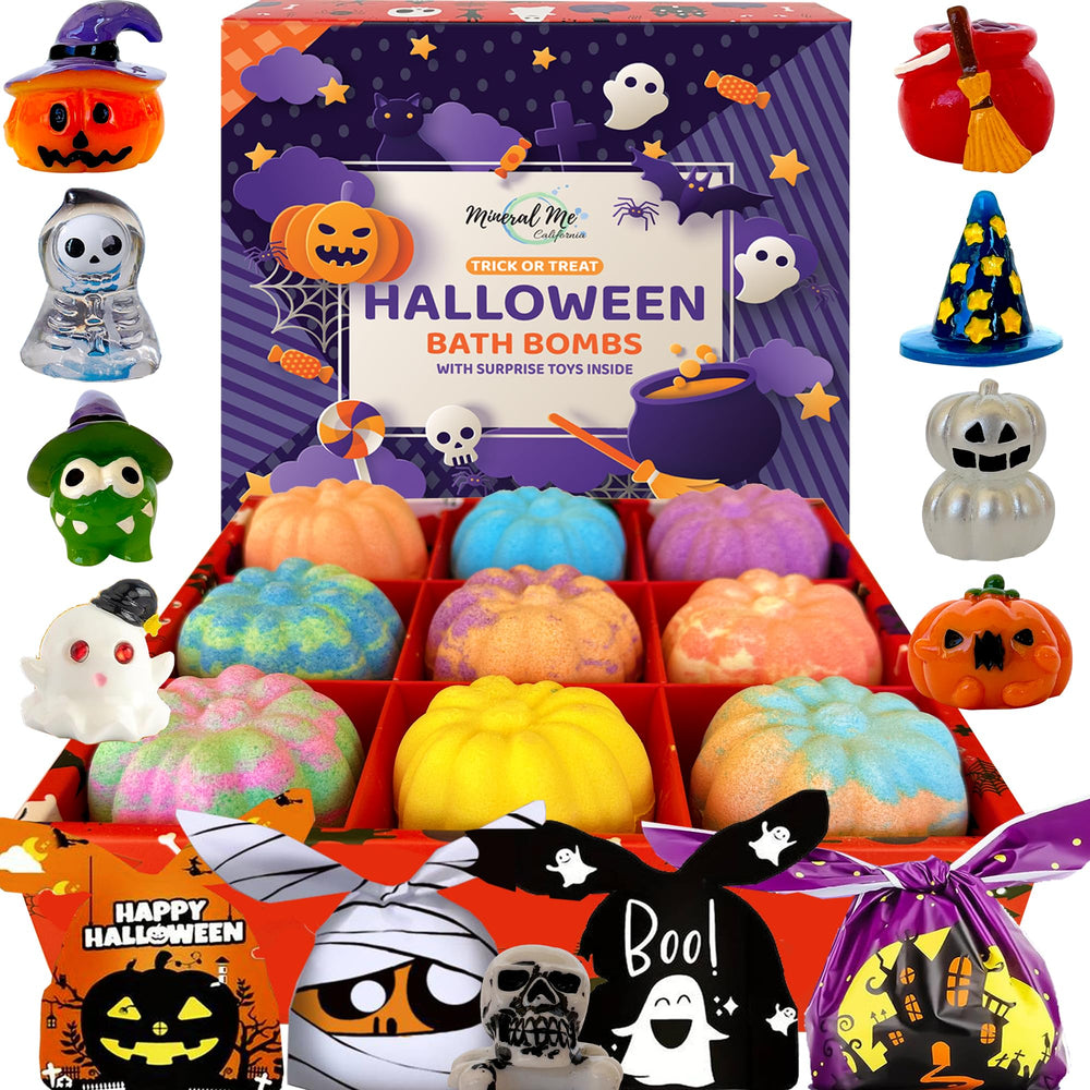 Mineral Me California front packaging showing nine individually wrapped bath bombs and Halloween theme benefits