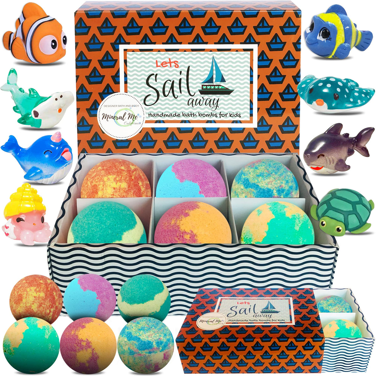 Mineral Me California front packaging showing six colorful bath bombs and labels, appealing presentation