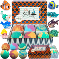 Mineral Me California front packaging showing six colorful bath bombs and labels, appealing presentation