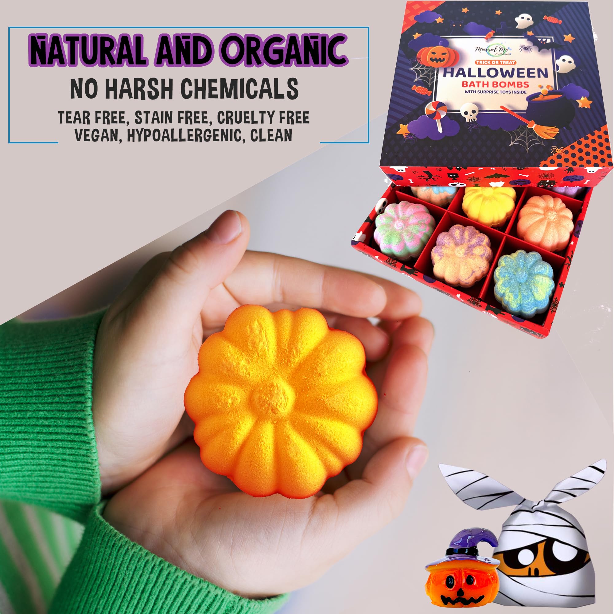 Mineral Me California lifestyle photo of child enjoying a Halloween bath with colorful fizzy bombs