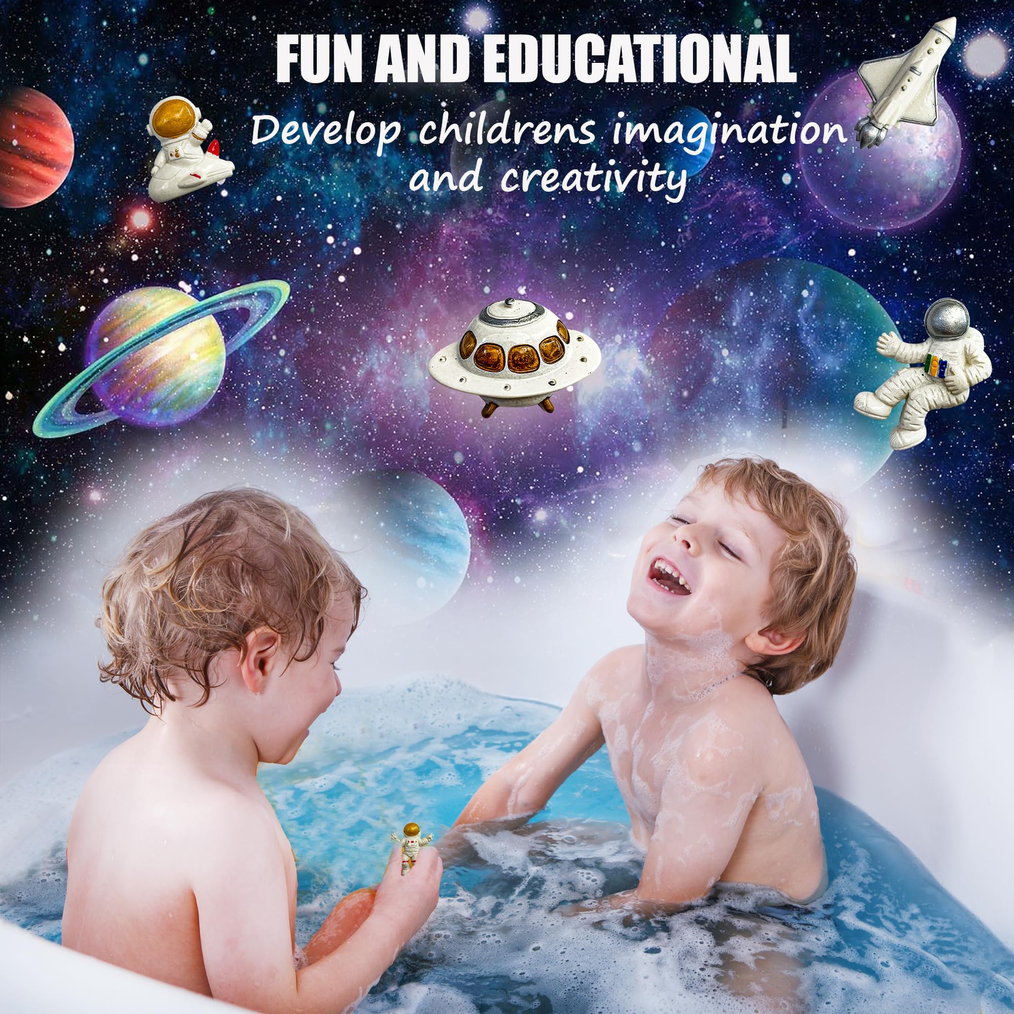 Mineral Me California revealed 3D astronaut toy emerging from a dissolved bath bomb, playful surprise