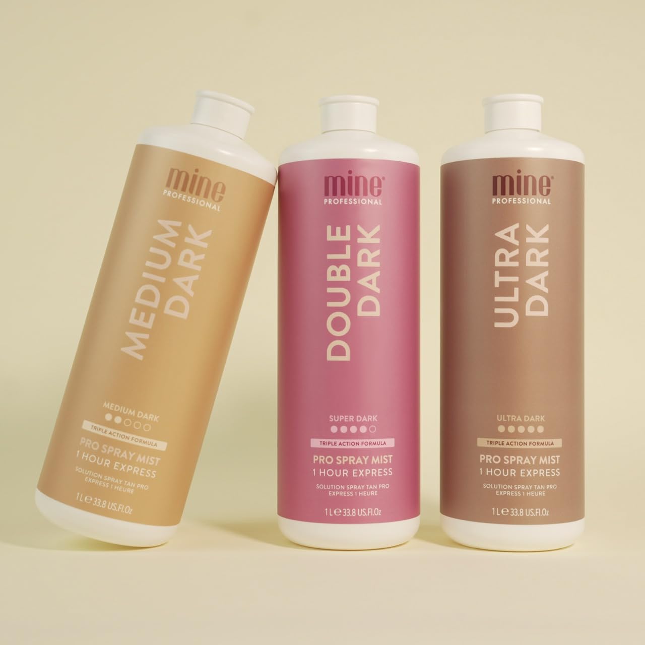 MINETAN BODY.SKIN bottle next to hand showing product size and usage benefit