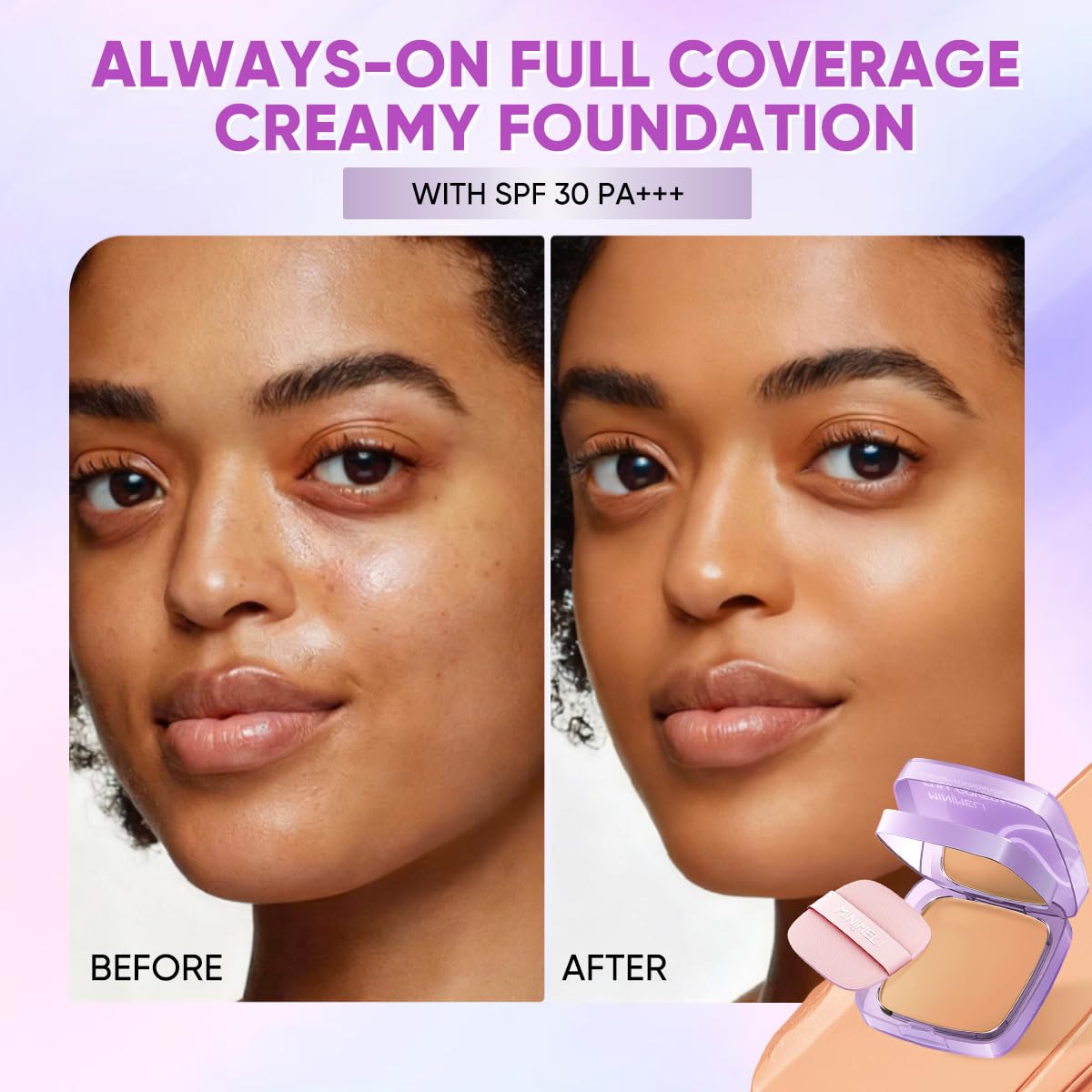 Minimeli compact opened showing mirror and sponge for easy touch-ups benefit