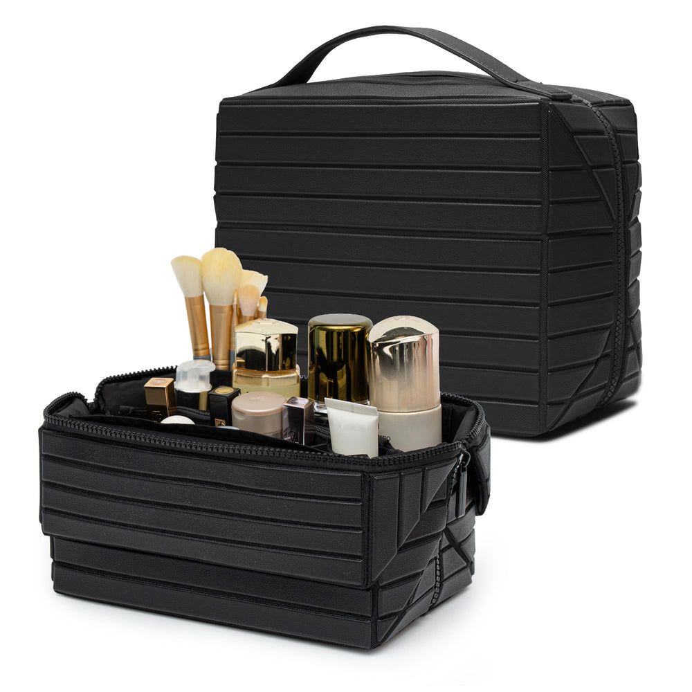 Minoisome front view of PU leather makeup bag showing sleek exterior and handle for polished travel use