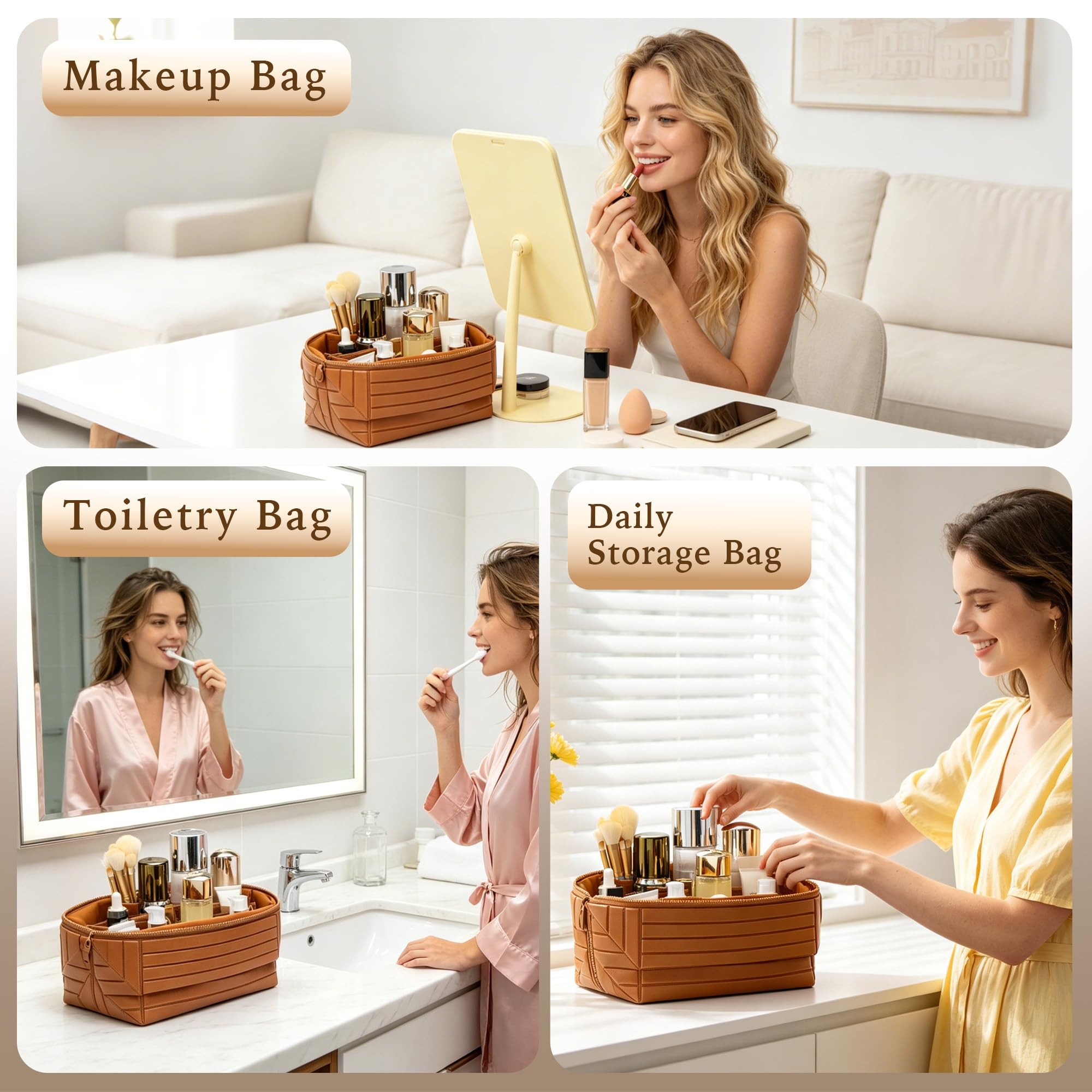 Minoisome on vanity with makeup arranged showing stylish storage for daily grooming routines