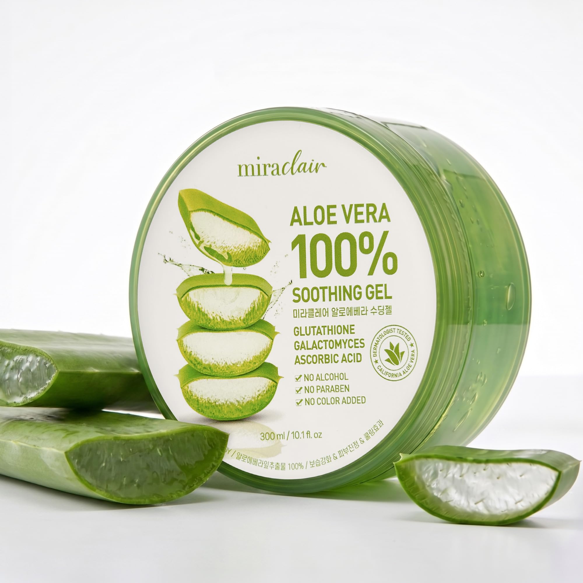 MIRACLAIR aloe gel on towel at beach conveying post-sun relief