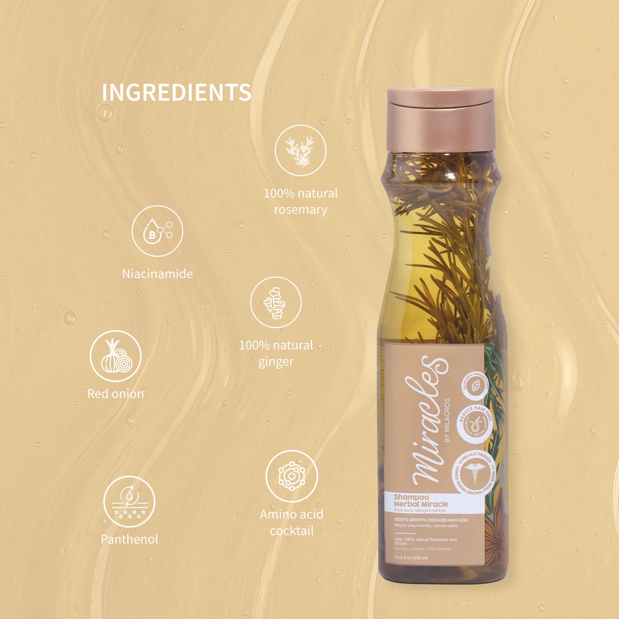 Miracles By Milagros bottle beside rosemary sprigs and red onion for botanical strength
