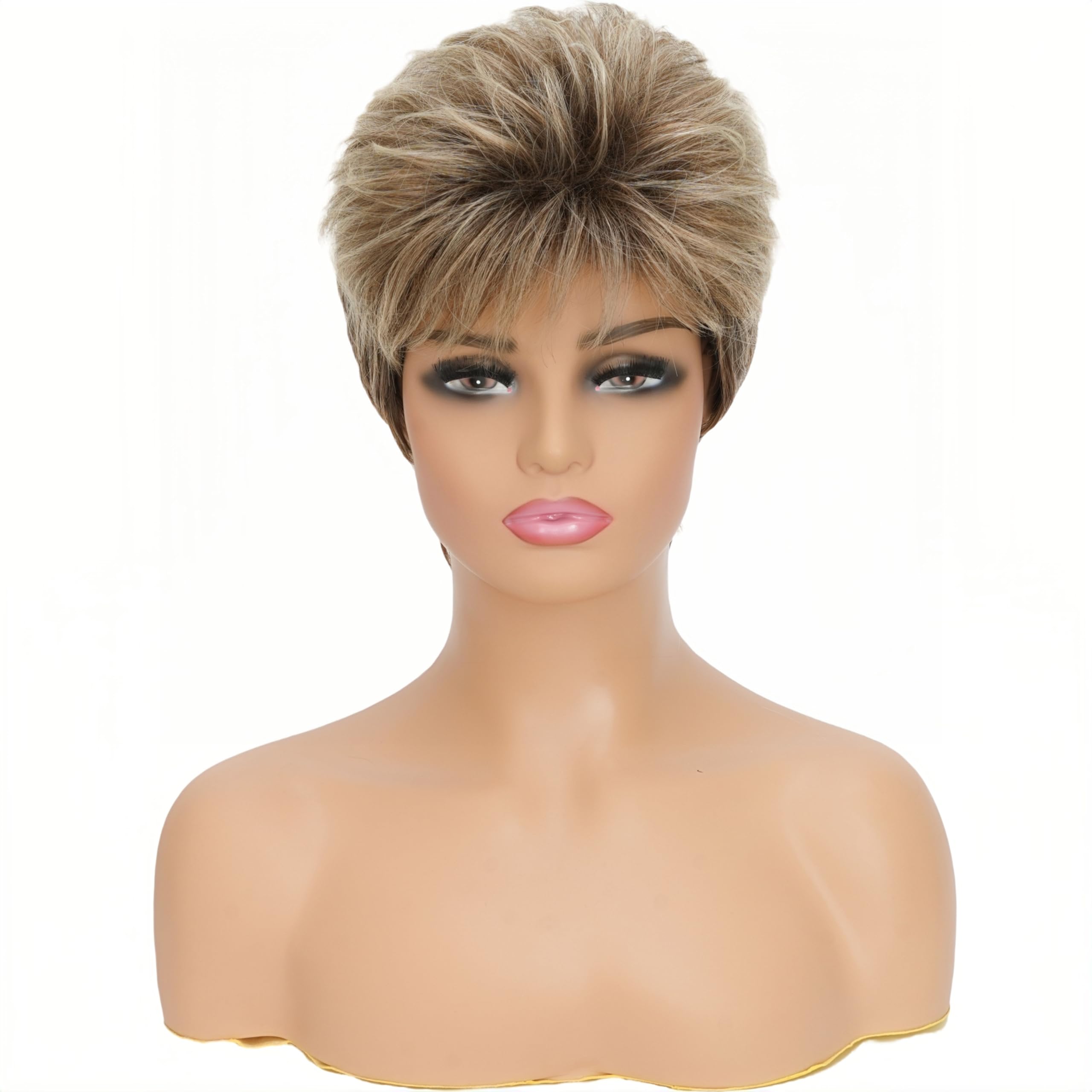 Miradin side profile blonde ombre pixie displaying layered volume and movement