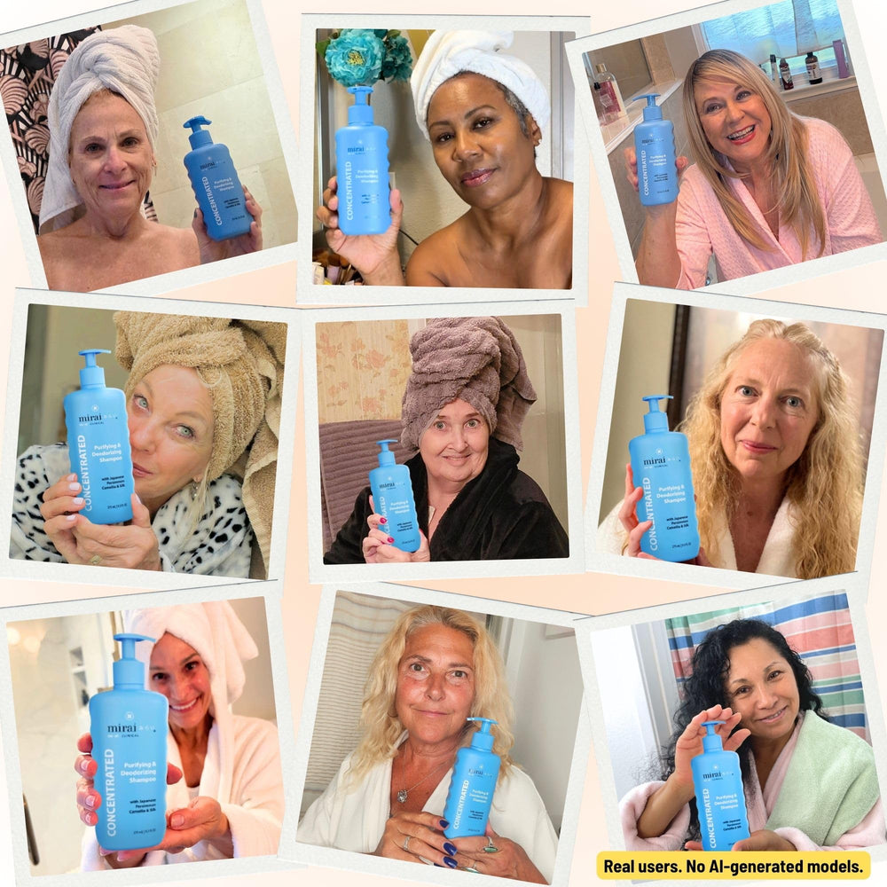 Mirai shampoo staged in bathroom lifestyle setting showing daily routine benefit