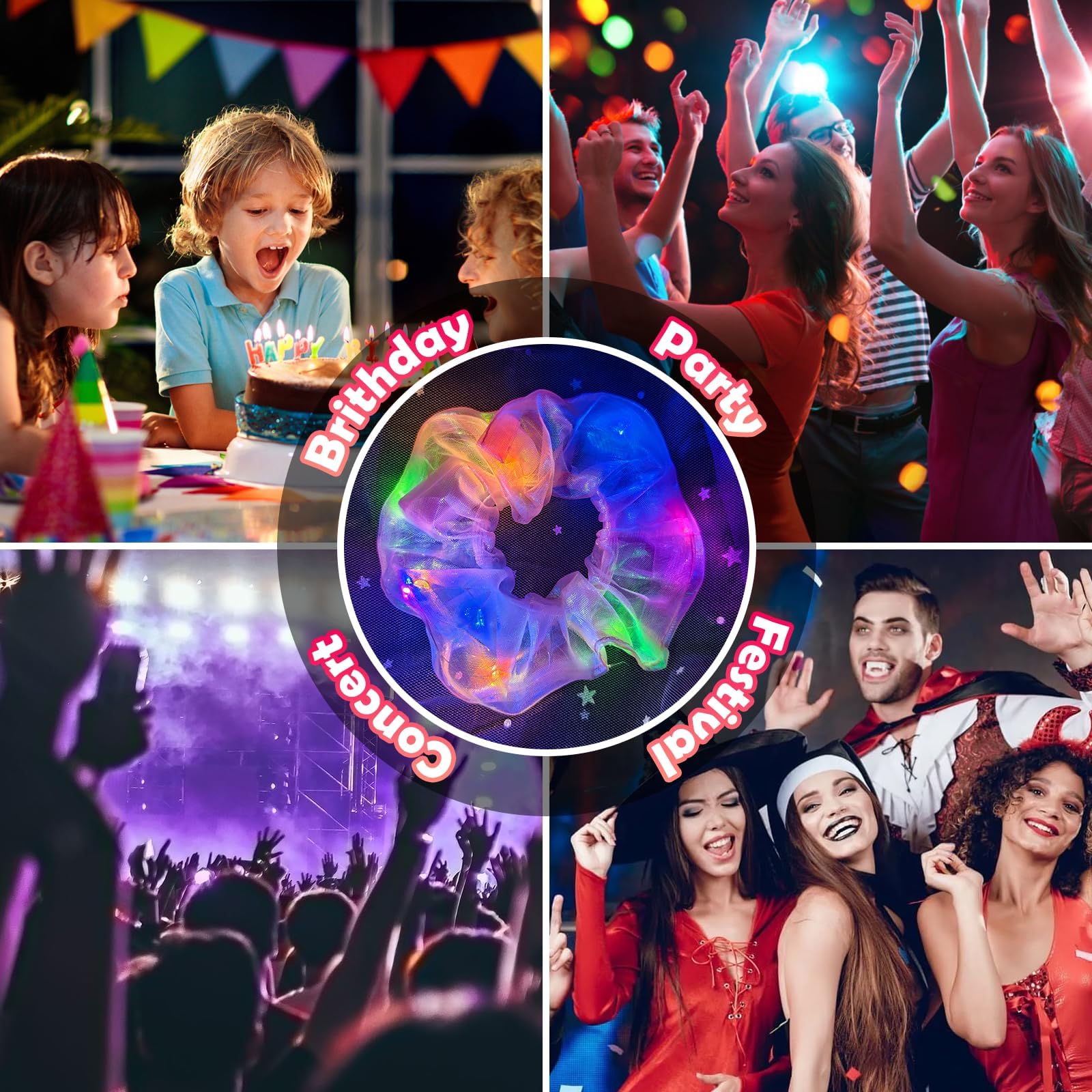 MiraWish scrunchie glowing in festival night scene emphasizing photogenic sparkle
