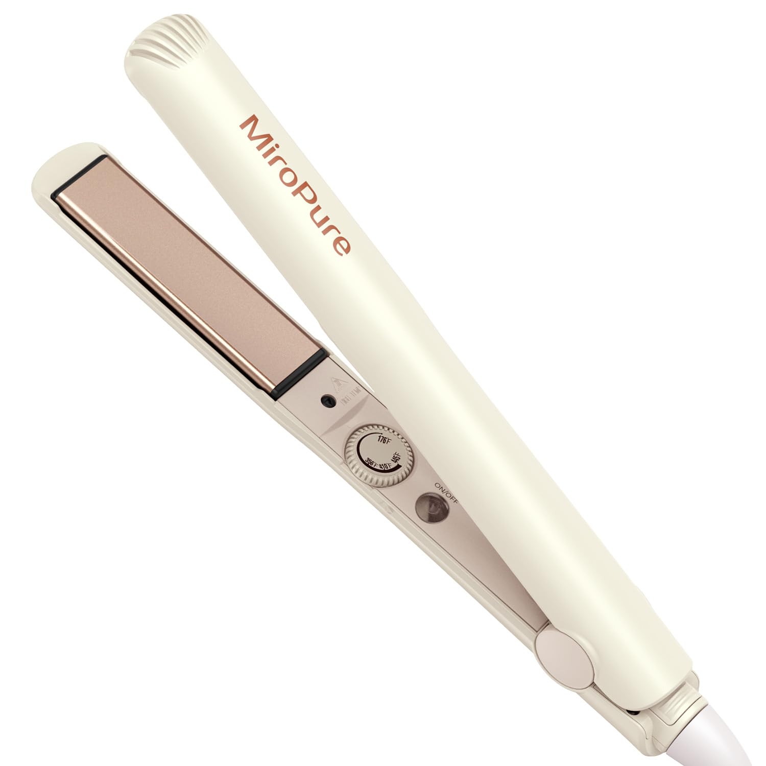 MiroPure front view of beige flat iron showing ergonomic shape and quick styling benefit