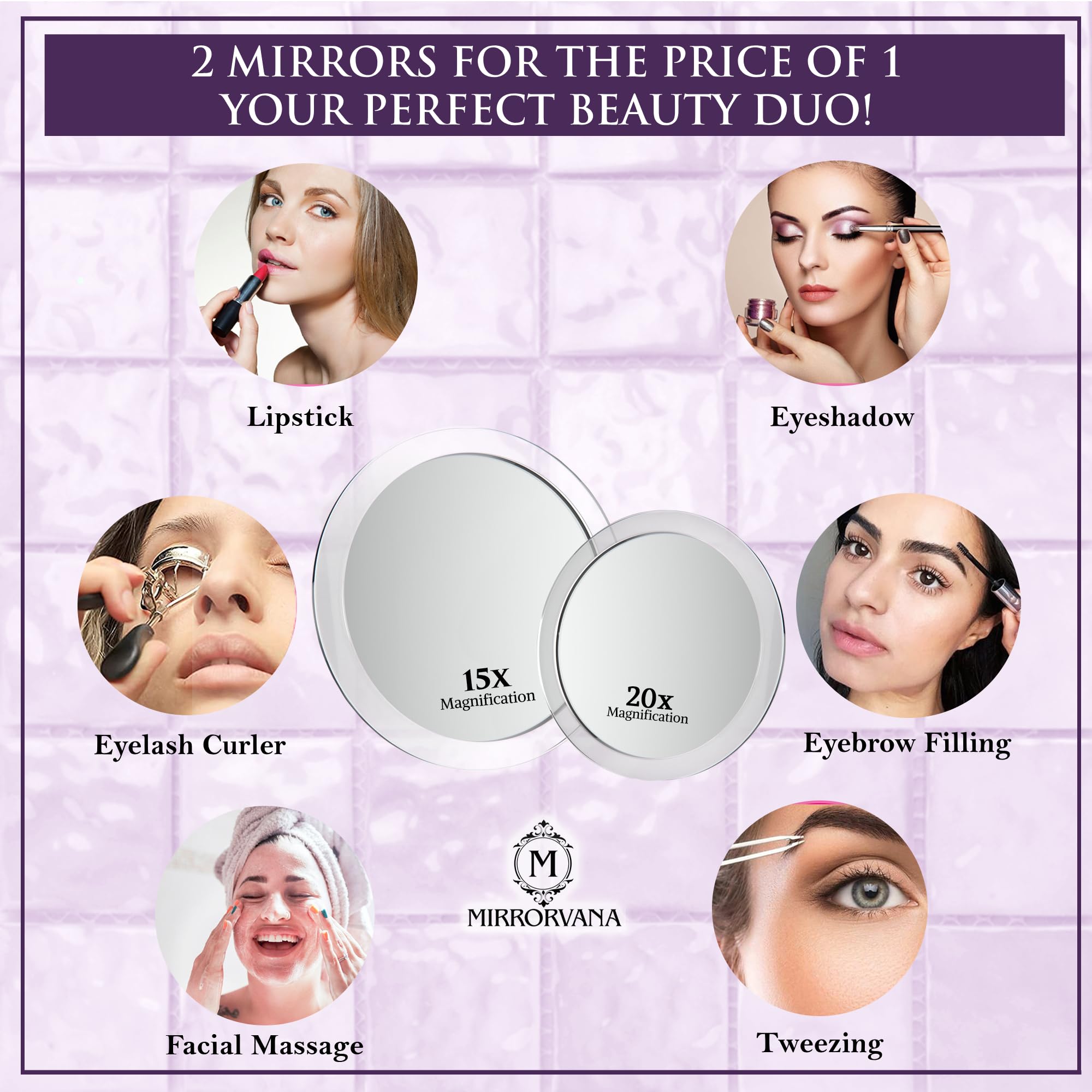 MIRRORVANA 6-inch 15X mirror front view for broader close-up makeup clarity