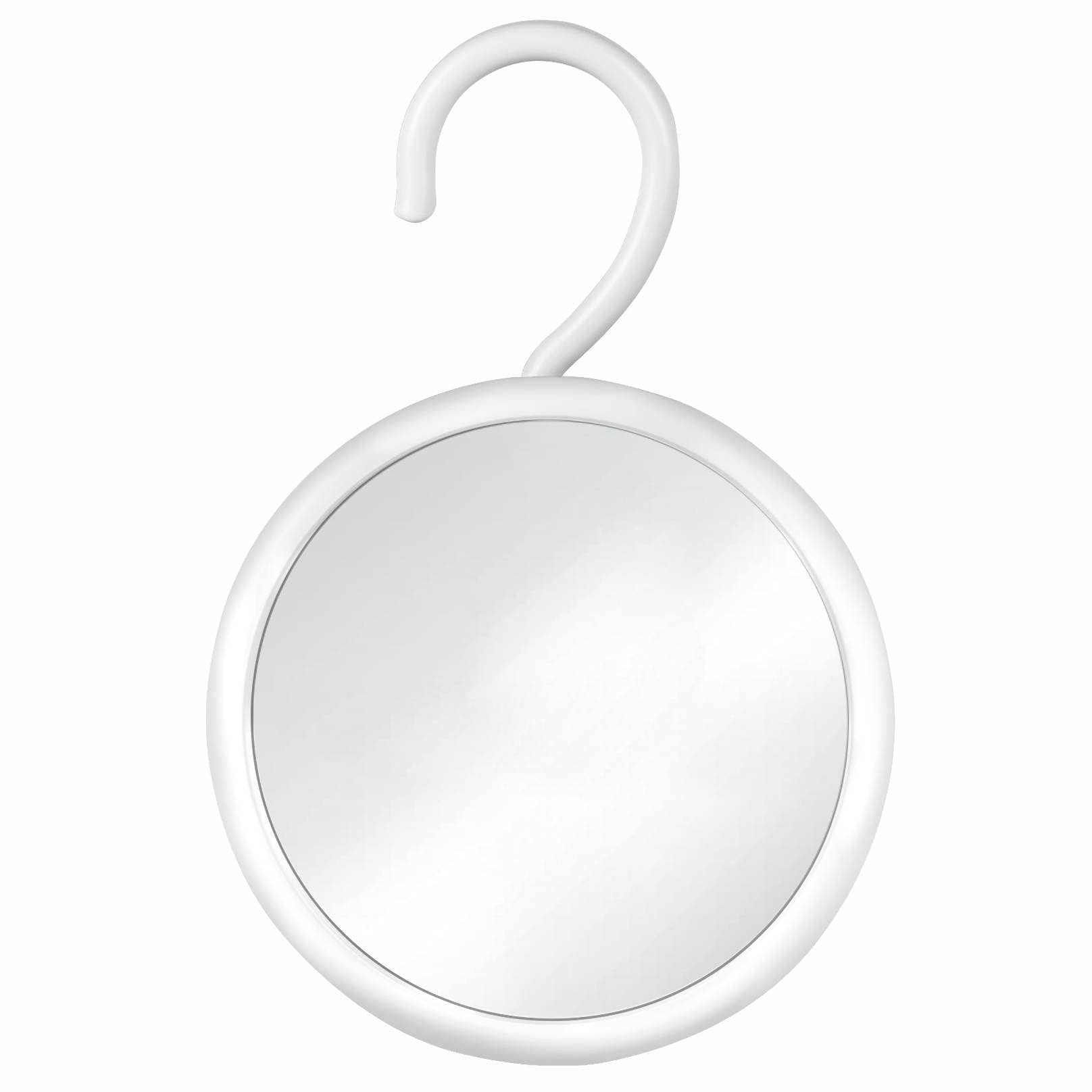 MIRRORVANA front view hanging on showerhead showing clear reflection benefit