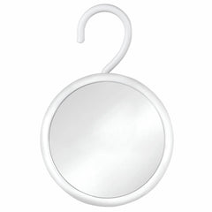 MIRRORVANA front view hanging on showerhead showing clear reflection benefit