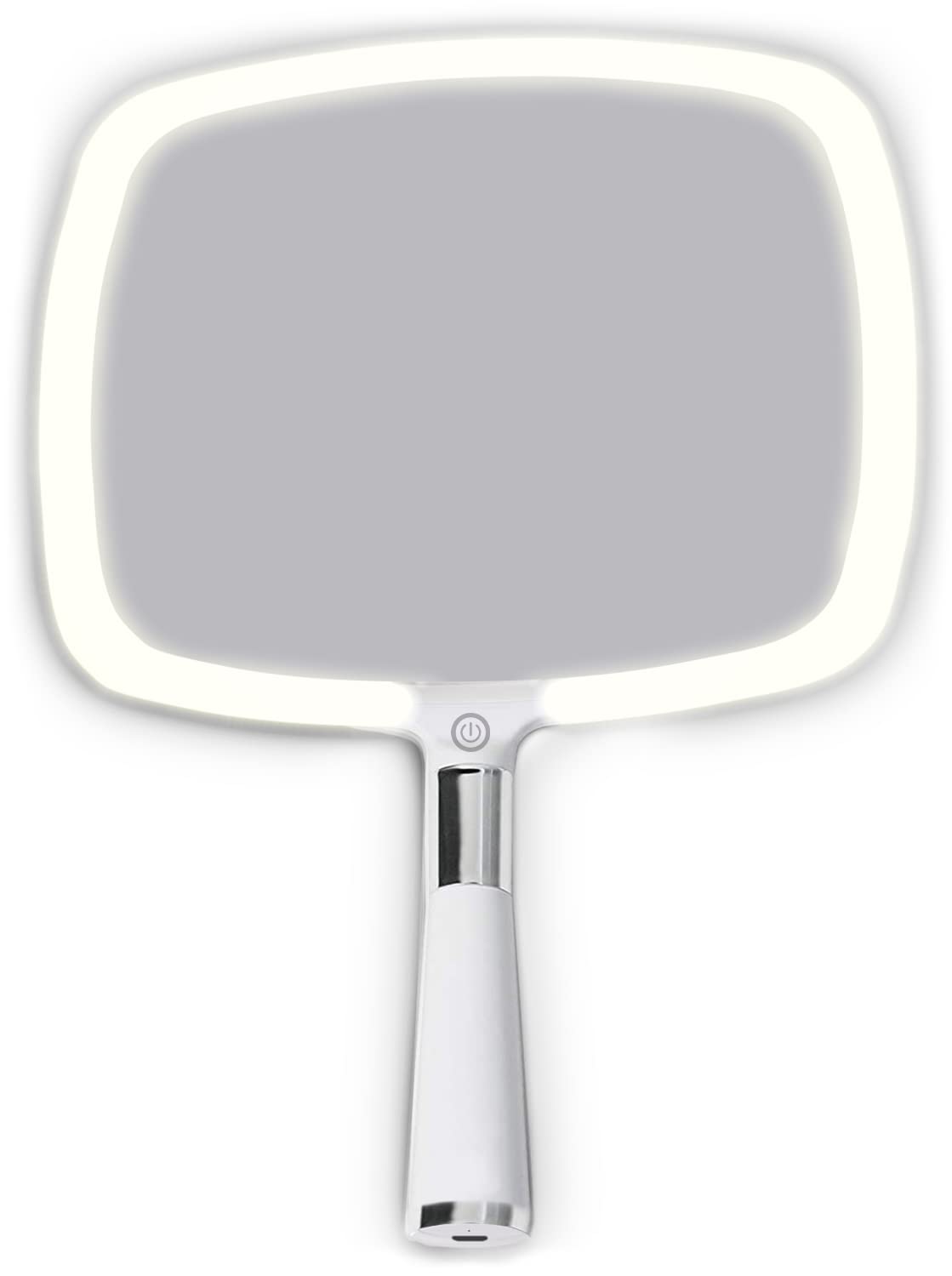MIRRORVANA front view showing white handheld mirror and clean reflective surface for travel convenience