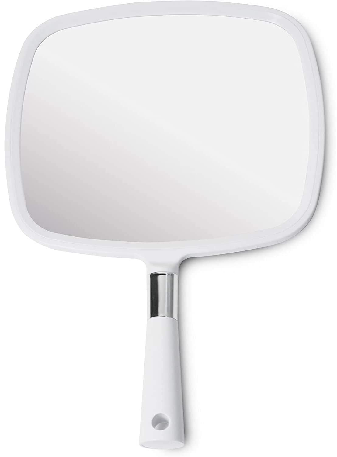 MIRRORVANA front view of white large hand mirror showing full reflective area and benefit of clear visibility