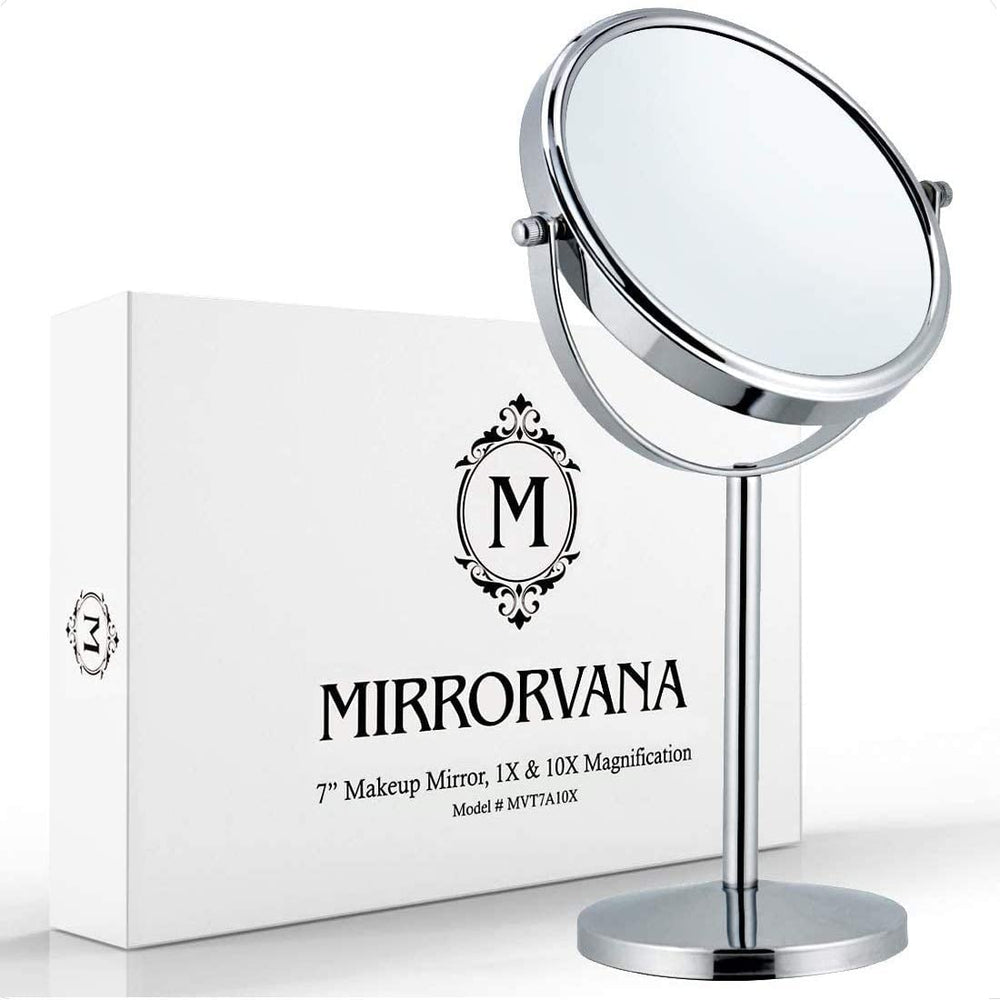 MIRRORVANA front view showing full chrome mirror and stable base, ideal for vanities