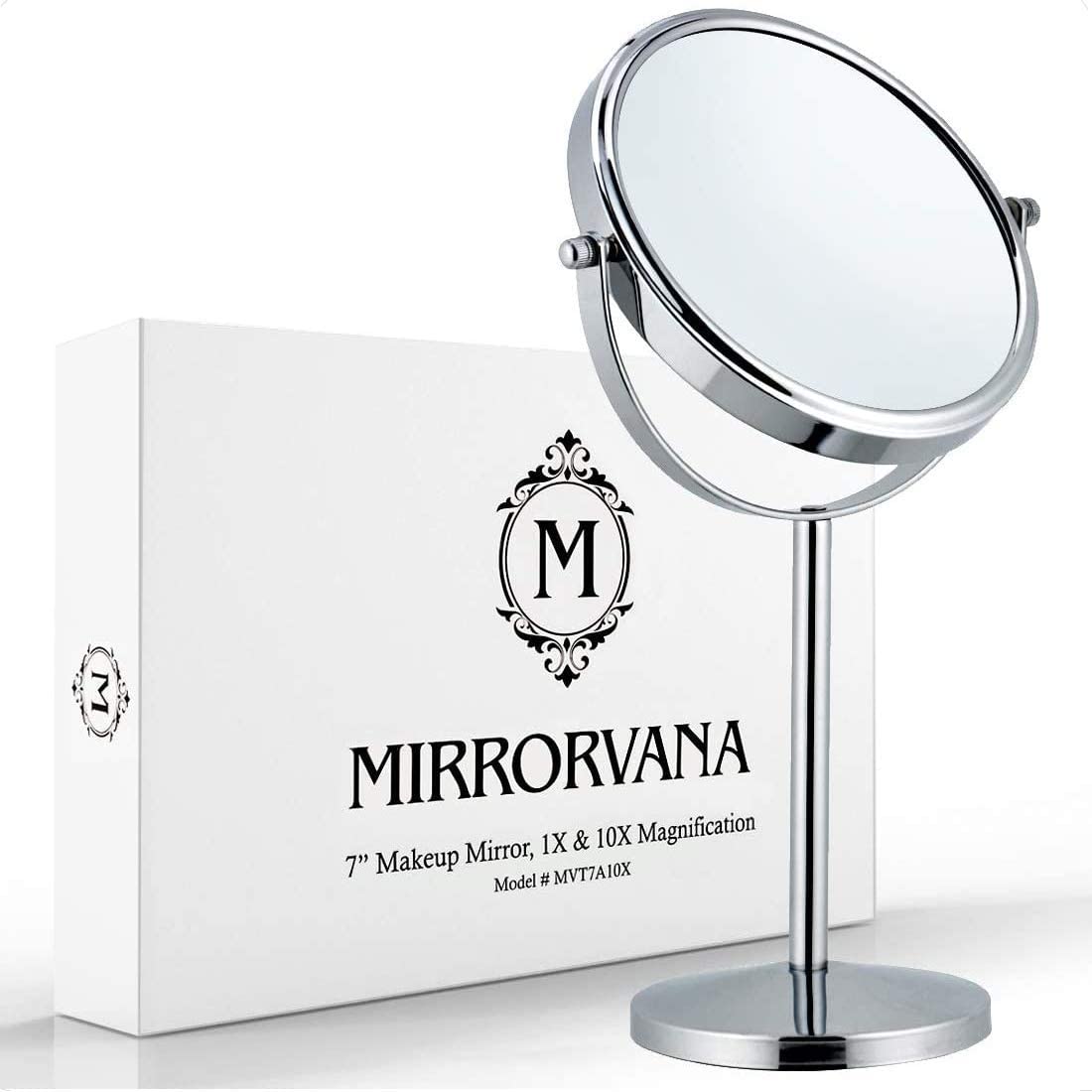 MIRRORVANA front view showing full chrome mirror and stable base, ideal for vanities