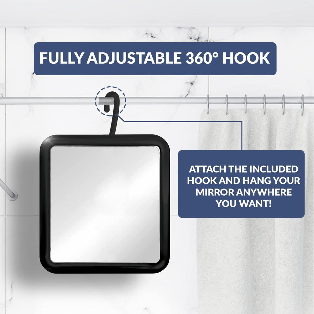 MIRRORVANA mirror hung on shower head demonstrating fog-free shaving convenience