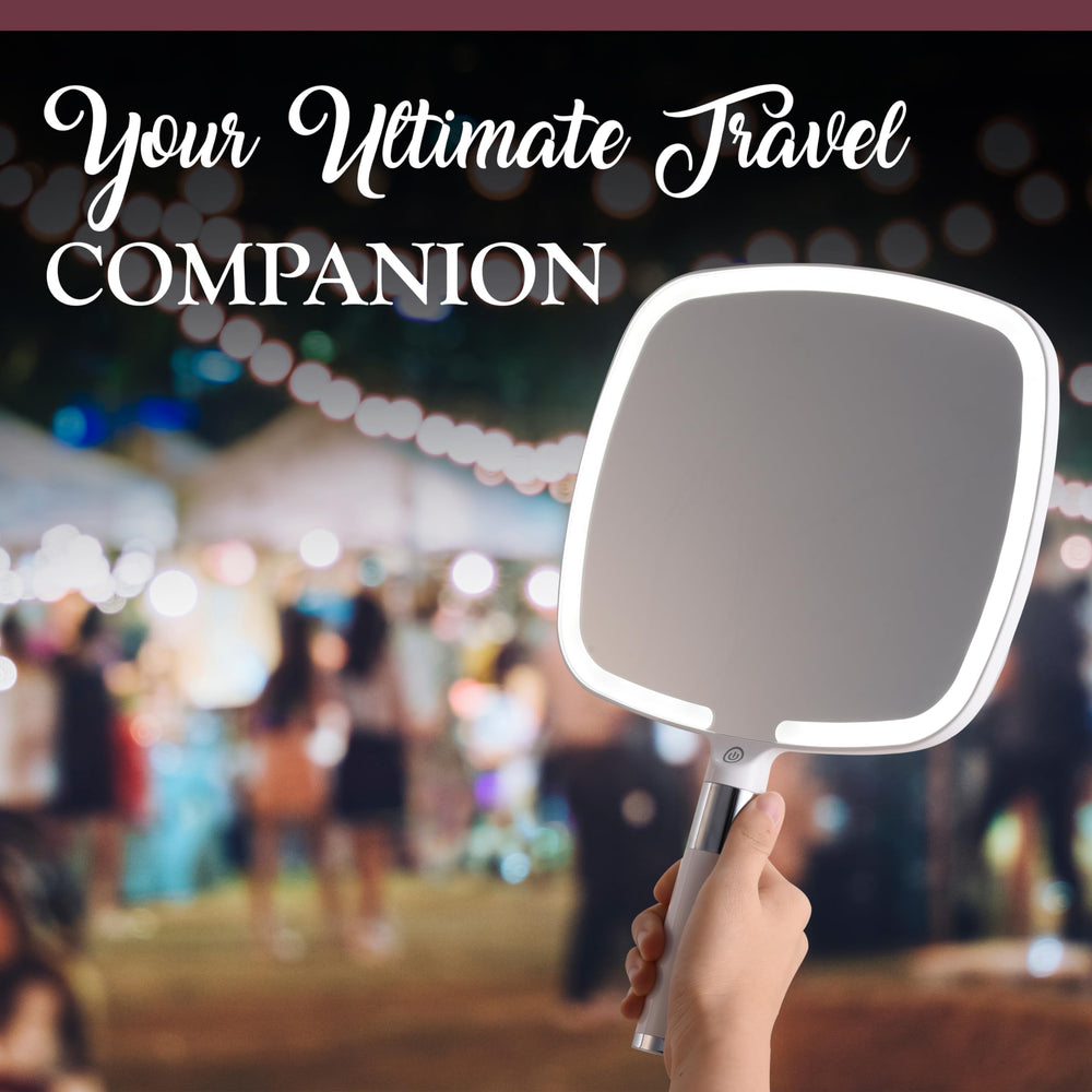MIRRORVANA in a travel bag on a vanity scene showing rechargeable light for on-the-go grooming